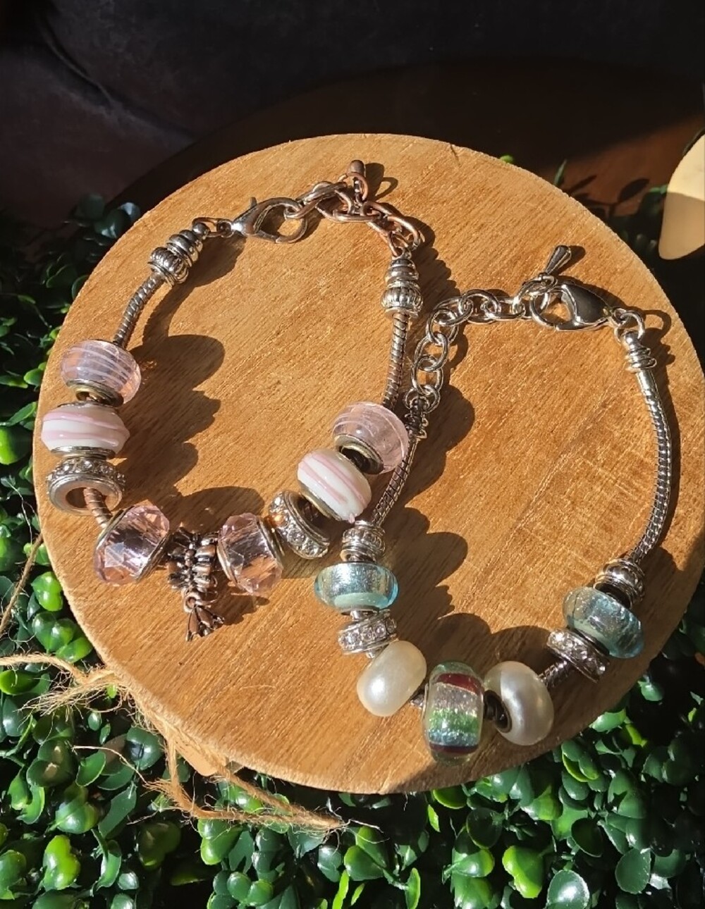 Murano Style Pink & Aqua Striped Glass Slider Charm Bracelet Set